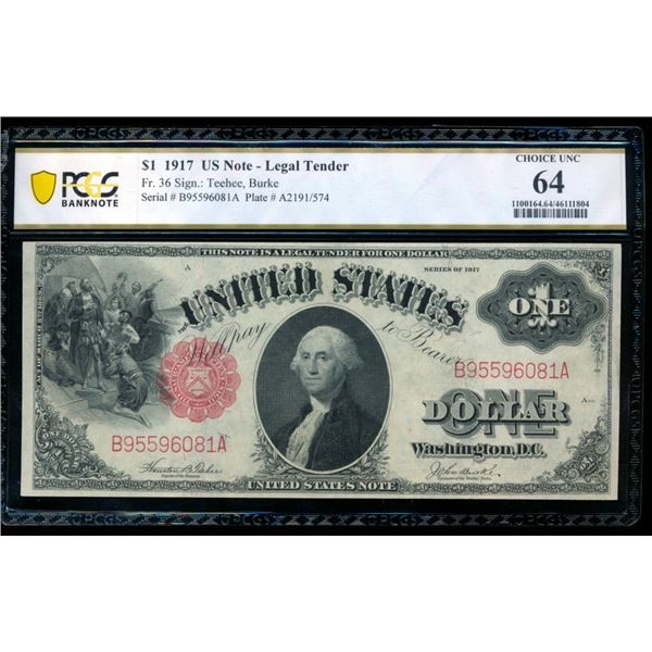 1917 $1 Legal Tender Note PCGS 64