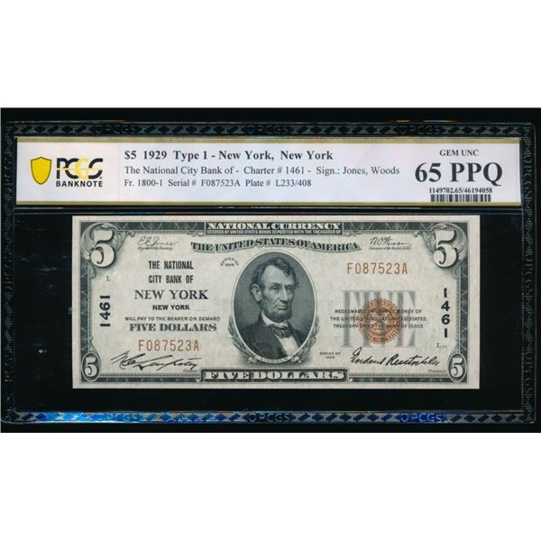 1929 $5 New York NY National PCGS 65PPQ