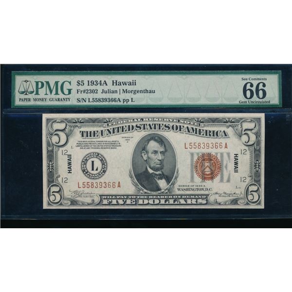 1934A $5 Hawaii FRN PMG 66