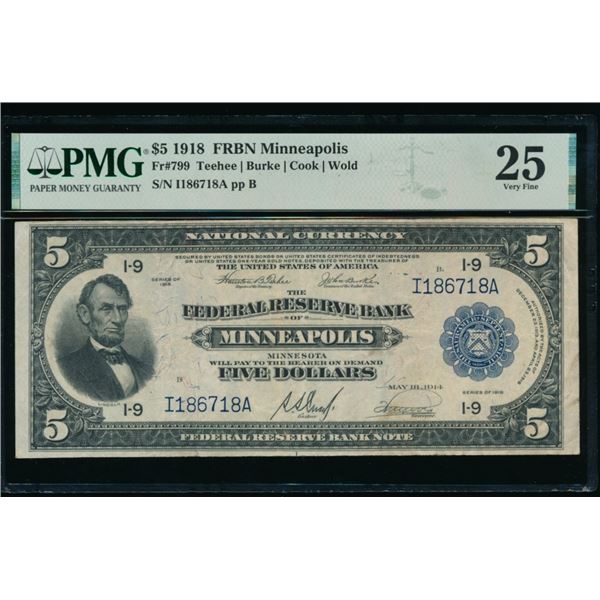 1918 $5 Minneapolis FRBN PMG 25