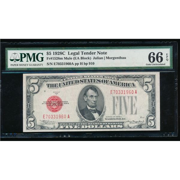 1928C $5 Mule Legal Tender Note PMG 66EPQ