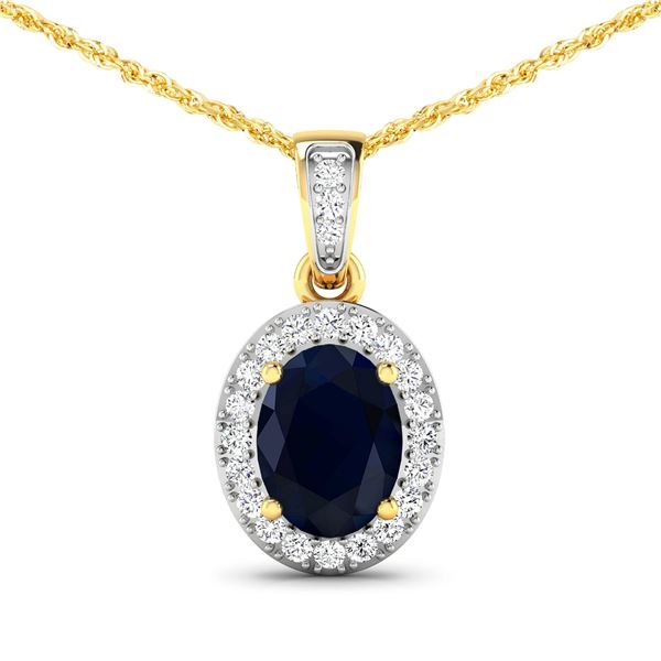 14KT Yellow Gold 1.30ct Blue Sapphire and Diamond Pendant with Chain