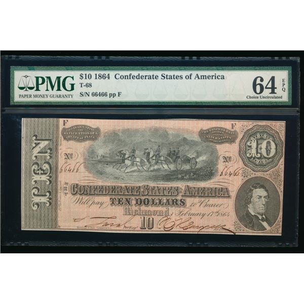 1864 $10 T-68 Confederate PMG 64EPQ