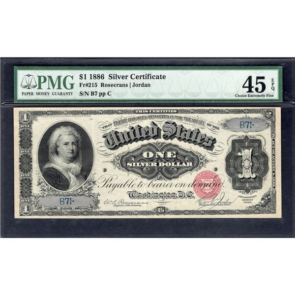 1886 $1 Serial 7 Martha Washington Silver Cert PMG 45EPQ