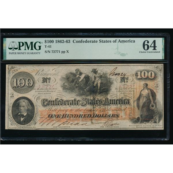 1862 $100 T-41 Confederate PMG 64