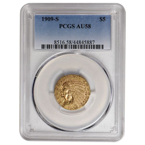 1909-S $5 Indian Head Half Eagle Gold Coin PCGS AU58