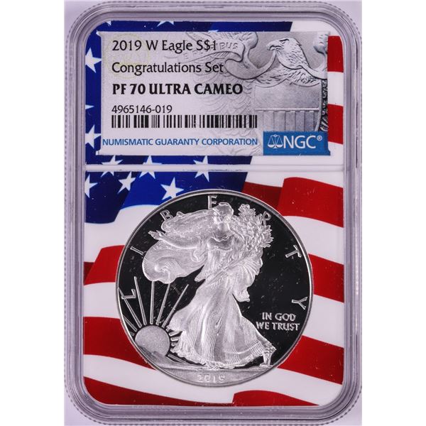 2019-W $1 Proof American Silver Eagle Coin NGC PF70 Ultra Cameo Congratulations Flag