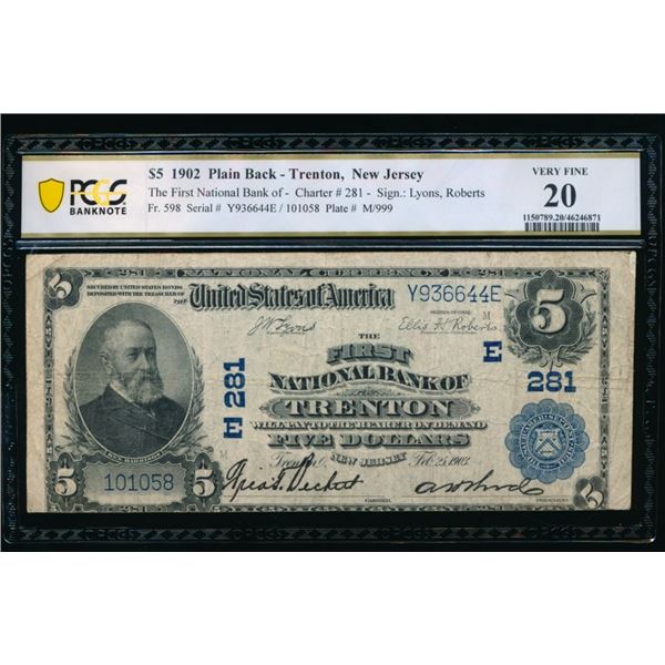 1902 $5 Trenton NJ National PCGS 20