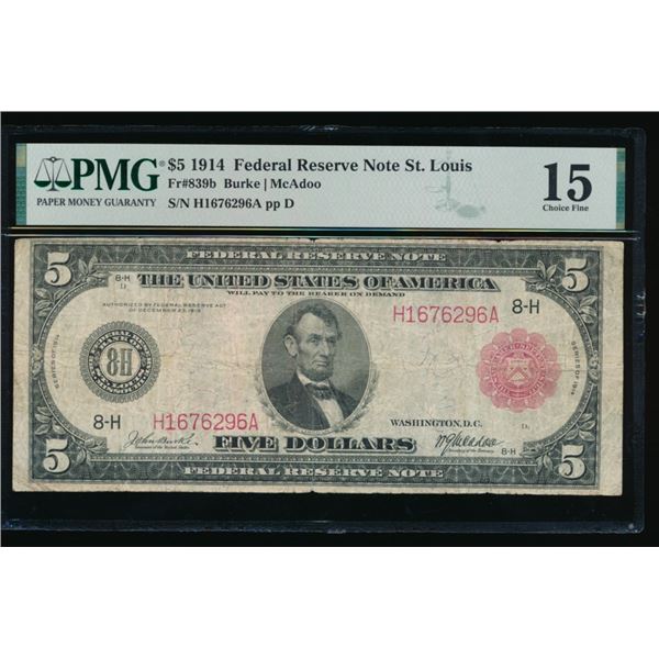 1914 $5 Red Seal St Louis FRN PMG 15