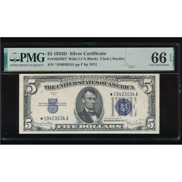 1934D $5 STAR Silver Certificate PMG 66EPQ