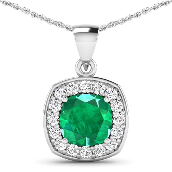 14KT White Gold 2.00ct Zambian Emerald and Diamond Pendant with Chain