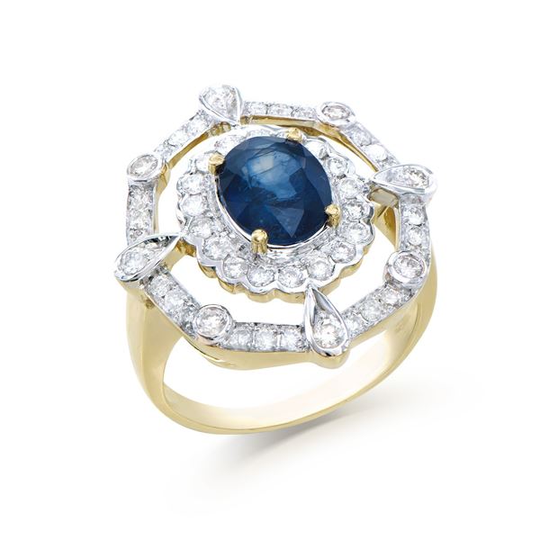 14KT Yellow Gold 2.05ct Blue Sapphire and Diamond Ring