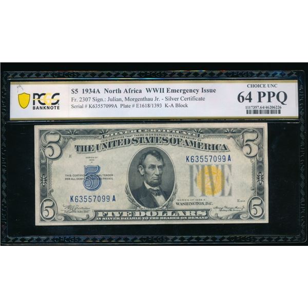 1934A $5 N Africa Silver Certificate PCGS 64PPQ