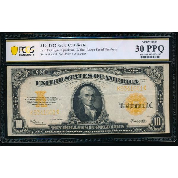 1922 $10 Gold Certificate PCGS 30PPQ