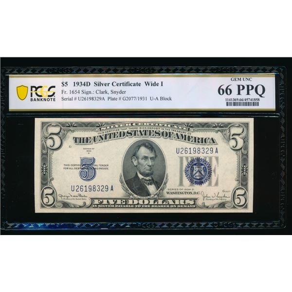 1934D $5 Silver Certificate PCGS 66PPQ