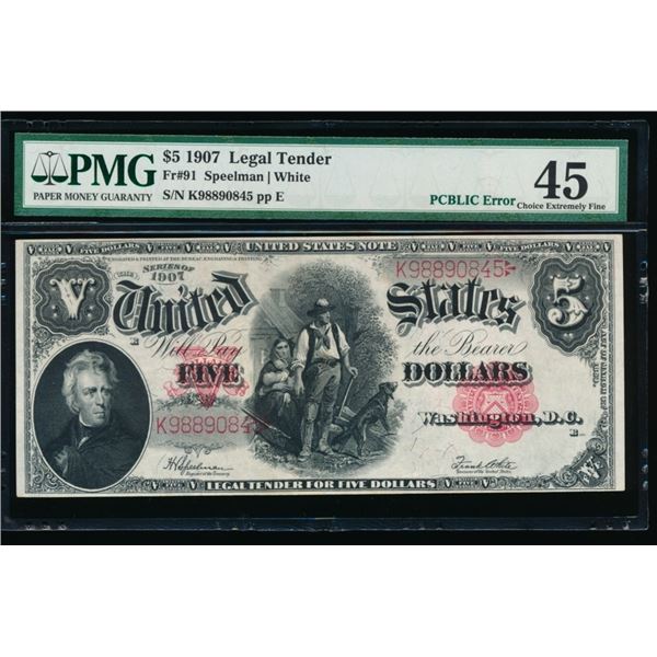 1907 $5 Legal Tender Note PMG 45