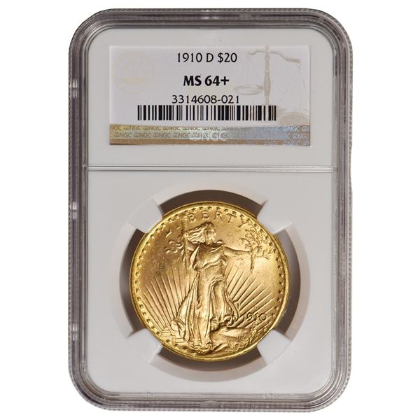 1910-D $20 St Gaudens Double Eagle Gold Coin NGC MS 64+