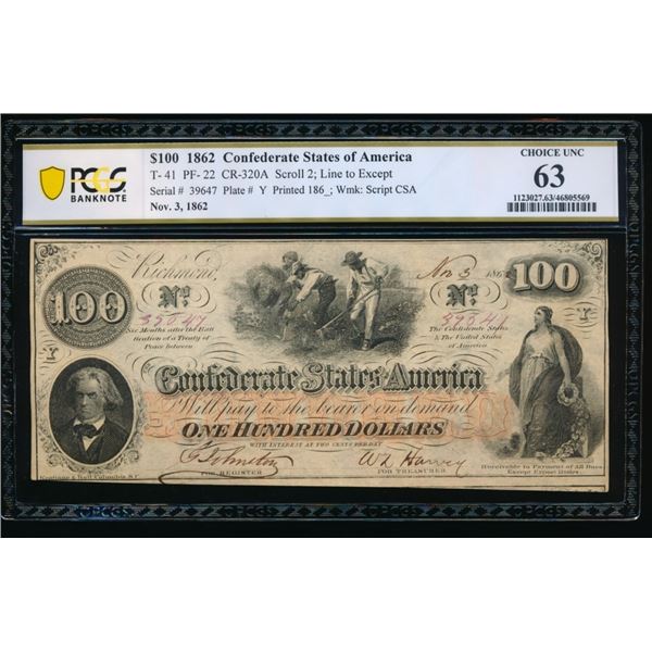 1861 $100 T-41 Confederate PCGS 63