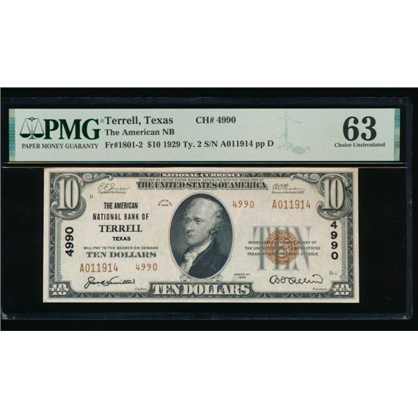 1929 $10 Terrell TX National PMG 63