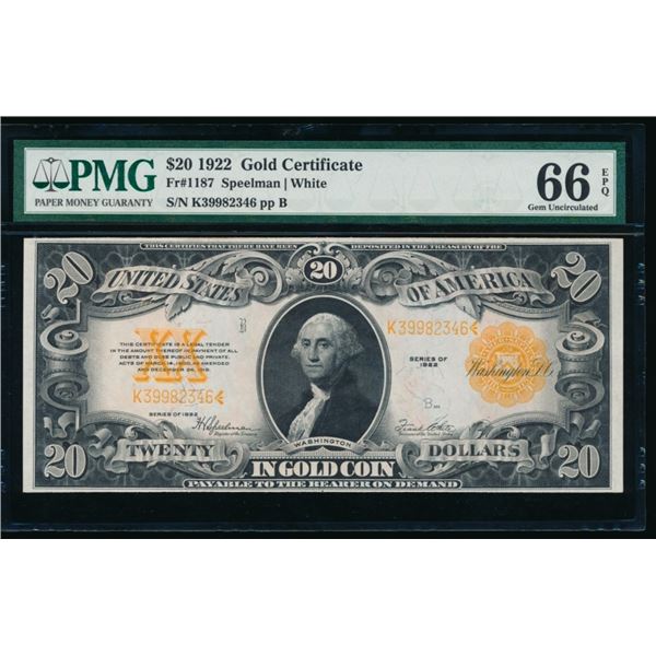 1922 $20 Gold Certificate PMG 66EPQ