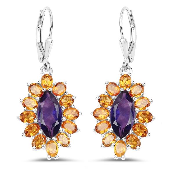 Plated Rhodium 6.54ctw Amethyst and Citrine Earrings