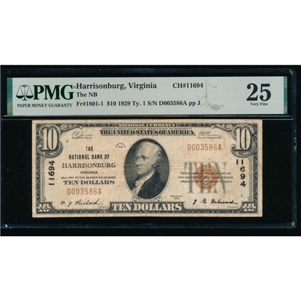 1929 $10 Harrisonburg VA National PMG 25