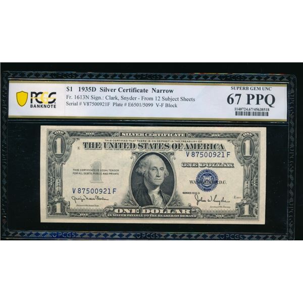 1935D $1 Silver Certificate PCGS 67PPQ