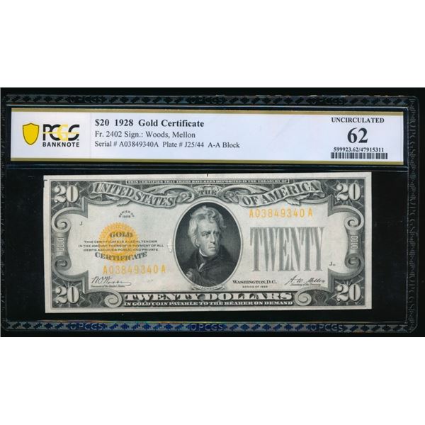 1928 $20 Gold Certificate PCGS 62