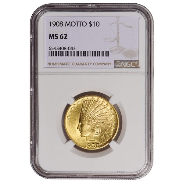 1908 $10 Indian Head Eagle Gold Coin NGC MS62