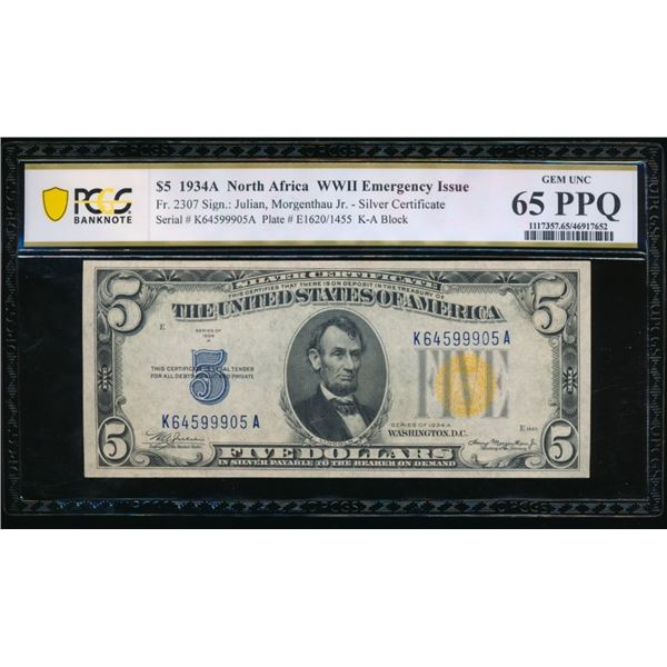 1934A $5 N Africa Silver Certificate PCGS 65PPQ