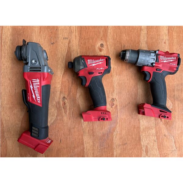 MILWAUKEE, CORDLESS TOOLS; 18 V ANGLE, GRINDER IMPACT DRIVER, AND DRILL