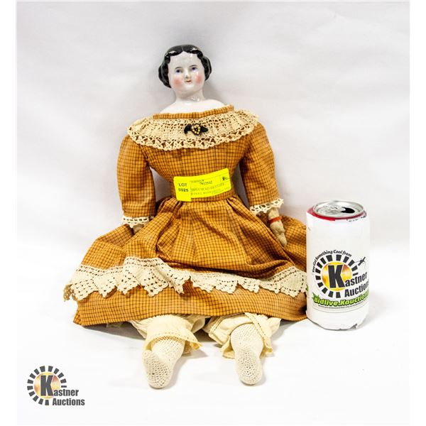 1800S CHINA HEAD SHOULDER MOULD DOLL WITH DRESS