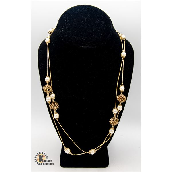 LONG GOLD TONE AND PEARL STYLE NECKLACE