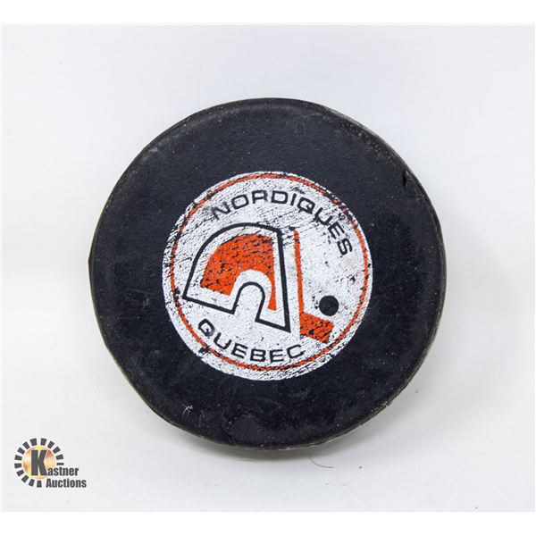 LEN LUNDE GAME USED NORDIQUES PUCK 1970S