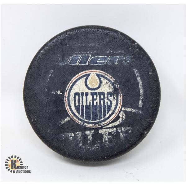 EDMONTON OILERS GAME USED PUCK LEN LUNDE