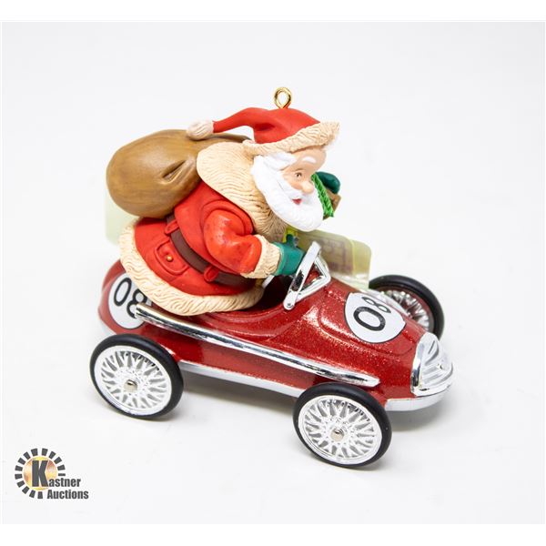 SANTA CLAUSE RACE CAR ORNAMENT