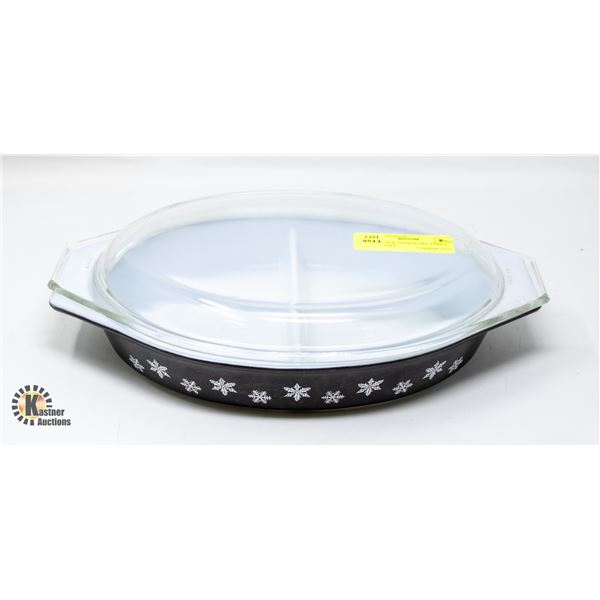 1957 BLACK SNOWFLAKE PYREX CASSEROLE