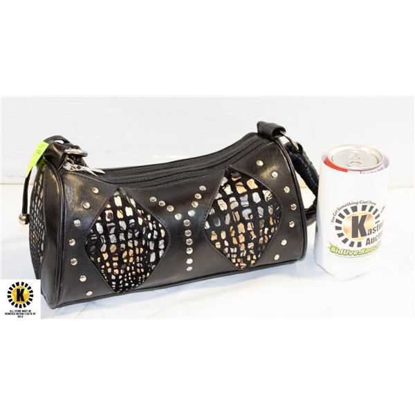 LEATHER HANDBAG BLACK W/INLAY + STUDS