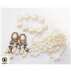 Image 1 : LONG FAUX PEARL NECKLACE, EARRINGS & BRACELET