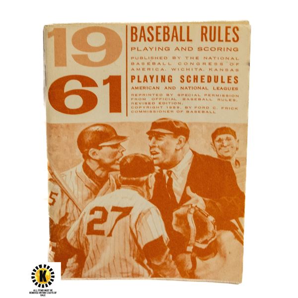 1961 BASEBALL OFFICIAL RULE BOOK