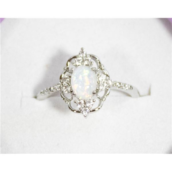 NEW WHITE FIRE OPAL RING SIZE 6.5 IN GIFT BOX