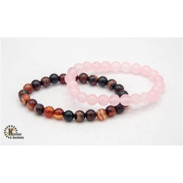 #33-NATURAL PINK ROSE QUARTZ & BROWN AGATE BRACELE