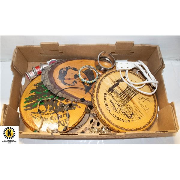 FLAT WITH WOODEN PLAQUES, JEWELRY & MORE