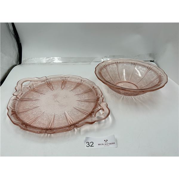 Pink Carnival Glass Platter & Bowl