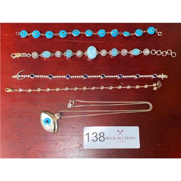 Assortment Of Stunning Sterling Silver Bracelets And Evil Eye Neckless