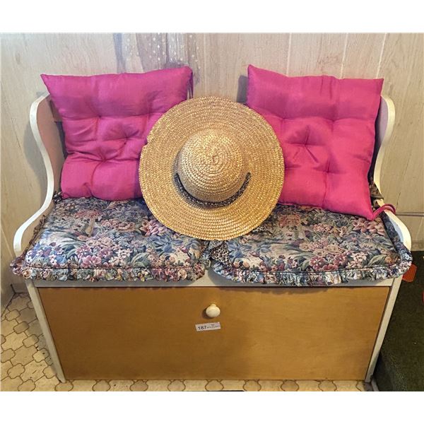 Decorative Entry Way Shoe Storage And Seat With Garden Straw Hat And Cushions