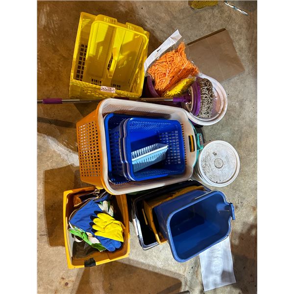 Assortment Of Laundry Baskets And Storage Baskets Plus A Swivel Mop and Bucket
