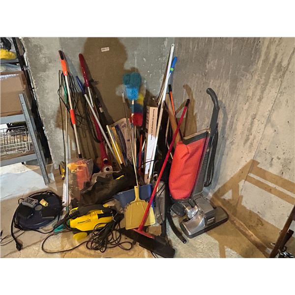 Assortment Of Cleaning Tools Brooms, Vacuum