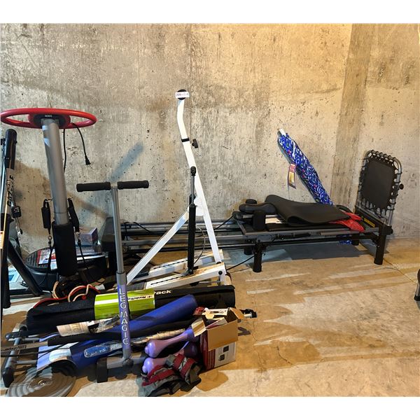 Assorted Workout Equipment Including A Stepper, Manual Rower, Weights, Fitness Dvds