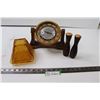 Image 1 : Amber Glass Candle Holder, Wooden Clock and Salt and Pepper Shakers